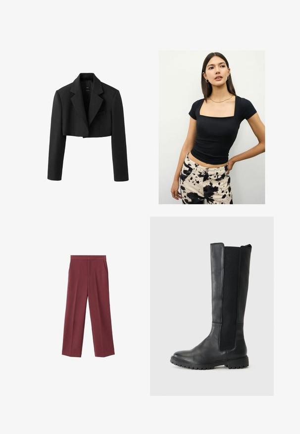 Blazer corto negro con solapas, un bolsillo frontal, hombros estructurados y una textura de tela suave.; Camiseta negra ajustada con escote cuadrado y mangas cortas. Combinada con pantalones de cintura alta que presentan un patrón salpicado en negro y crema.; Pantalones de pierna ancha color burdeos con una textura suave, que cuentan con bolsillos laterales y un diseño de cintura alta. Con un pliegue frontal limpio.; Botas altas de cuero negro con un frente texturizado, paneles laterales elásticos y suelas resistentes, sobre un fondo blanco liso.