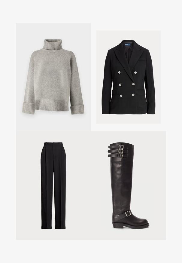 Čierny dvojradový blazer so šiestimi striebornými gombíkmi, klopovými chlopňami, vreckami s klopou a štítkom Polo od Ralph Lauren vo vnútri goliera.; Sivý rolák vyrobený z jemnej pleteniny, s rebrovanými manžetami a lemom. Má voľný strih a štruktúrovaný výstrih.; Čierne prispôsobené nohavice s vysokým pásom, prednými záhybmi, rovnými nohavicami a manžetami na leme. Vyrobené z hladkej tkaniny.; Čierna kožená vysoká čižma po kolená s okrúhlym prstom, tromi prackami na vrchu a bočným detailom s prackou. Plochá podrážka a hladký povrch.
