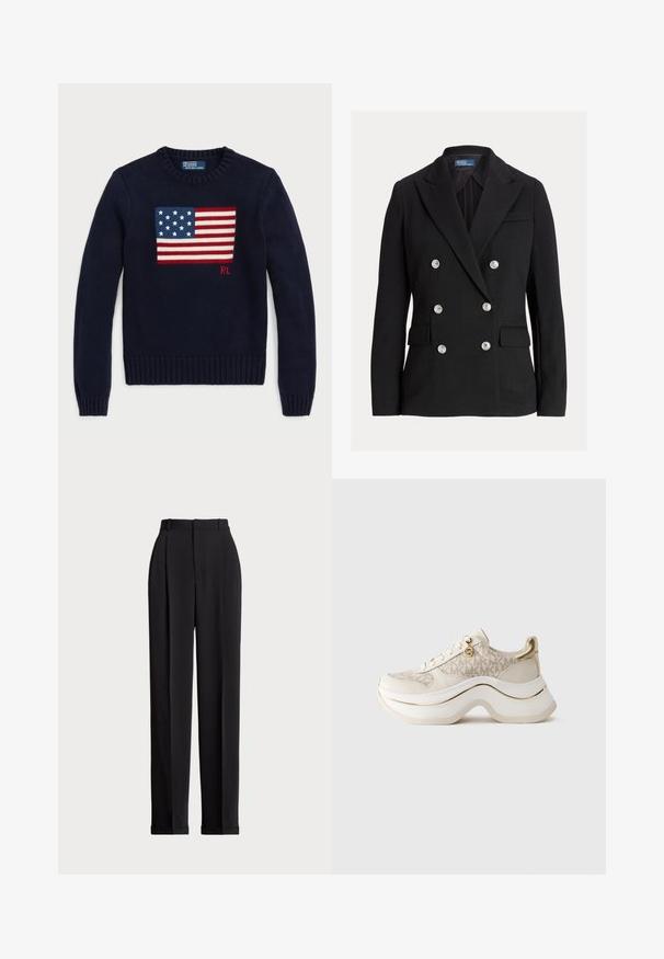Μαύρη διπλή σακάκι με έξι ασημένια κουμπιά, πατούρες με θηλή, τσέπες με καπάκι και ετικέτα Polo by Ralph Lauren μέσα στην κορώνα.; Μπλε πλεκτό πουλόβερ με επενδεδυμένο σχέδιο της αμερικανικής σημαίας στο στήθος, με ριγωτά μανίκια και στρίφωμα. Ετικέτα μάρκας στον λαιμό.; Μαύρο ταγμένο παντελόνι με ψηλή μέση, που διαθέτει πτυχώσεις μπροστά, ίσια γραμμή και κουμπωτό τελείωμα. Φτιαγμένο από λείο ύφασμα.; Πλατφόρμα sneakers σε μπεζ και χρυσό με σχέδιο "MK", κορδόνια στην μπροστινή πλευρά, χρυσό γούστο και παχύ κυματιστό σόλα, σε απλό φόντο.