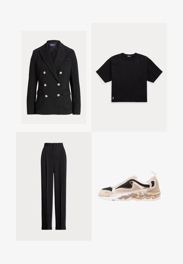 Fekete, kétgombos zakó hat ezüst gombbal, recés hajtókával, zsebtáskákkal és Polo by Ralph Lauren címkével a gallér belső oldalán.; Fekete pamut póló rövid ujjal, kerek nyakkal és egy kis fehér logóval az alsó bal oldalon. Klasszikus, dobozos szabás minimális részletezéssel.; Fekete, testre szabott nadrág magas derékkal, elöl redőkkel, egyenes láblineáris kialakítással és halkézével. Sima anyagból készült.; Fekete hálós felsőrészű sneaker, bézs velúr részletekkel és arany fémes díszítéssel. Fehér talpa hullámos mintázattal rendelkezik.
