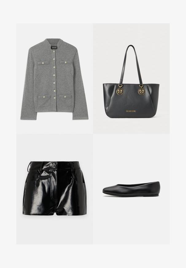 Brun fløjls dobbeltradet blazer med guld hardwareknapper, spidse revers og to forlommer. Glat tekstur og struktureret design.; Grå strikket cardigan med en rund krave, frontknaplukning, to påsatte lommer og perleagtige detaljer på knapperne.; Sort langærmet turtleneck top lavet af glat stof, med en rynket krave og tætsiddende silhuet med enkle kanter.; Sorte, blanke shorts lavet af syntetisk materiale. Har en tætsiddende talje, bælteslaufer og forlommer med fremtrædende stikninger.; Paul Smith TOPANGA - Ballerinasko - black; Sort faux læder tote taske med guld cirkulært hardware, med doble skulderremme og præget brandlogo på forsiden.