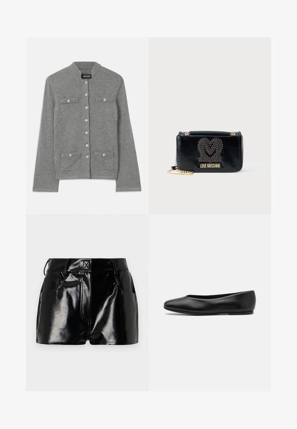 Brauner Samt Doppelreiher-Blazer mit goldenen Knopfdetails, abgesetztem Revers und zwei Fronttaschen. Glatte Textur und strukturiertes Design.; Grauer gestrickter Cardigan mit rundem Kragen, vorderem Knopfverschluss, zwei aufgesetzten Taschen und perlenartigen Akzenten auf den Knöpfen.; Hellrosa Tanktop aus weichem, dehnbarem Stoff. Es hat einen runden Halsausschnitt und schmale Träger, mit einer glatten Textur und einer figurbetonten Passform.; Schwarze, glänzende Shorts aus synthetischem Material. Mit einem taillierten Bund, Gürtelschlaufen und vorderen Taschen mit auffälligen Nähdetails.; Paul Smith TOPANGA - Klassischer Ballerina - black; Schwarze synthetische Leder-Crossbody-Tasche mit einer Kettenriemen. Verfügt über ein genopptes Herz und das goldene "LOVE MOSCHINO"-Logo. Rechteckige Form.