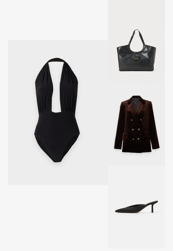 Blazer doppio petto in velluto marrone con bottoni in metallo dorato, rever a lancia e due tasche frontali. Texture liscia e design strutturato.; Costume da bagno intero nero con design a girocollo, scollatura profonda frontale, tessuto arricciato sul busto e una texture liscia.; Mulo nero a punta con un design elegante, realizzato in tessuto morbido, con un tacco sottile e una parte posteriore aperta per un indossare facile.; Borsa tote in pelle nera con finitura lucida, parte superiore curva, due manici per spalla e un accentuato in metallo color oro sul davanti.