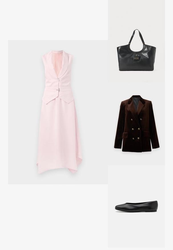 Ruskea samettinen kaksirivinen bleiseri, jossa on kultaiset napit, lovetut kaulukset ja kaksi etutaskua. Sileä pinta ja jämäkkä muotoilu.; Vaaleanpunainen hihaton mekko, jossa on shaalikaulus, epäsymmetrinen helma ja kaksi koristeellista hopeista solkea vyötäröllä. Sileä, tekstuuriinen kangas.; Paul Smith TOPANGA - Ballerinat - black; Musta nahkainen käsilaukku, jossa on kiiltävä pinta, kaareva yläosa, kaksi olkahihnaa ja kultasävyinen varuste edessä.