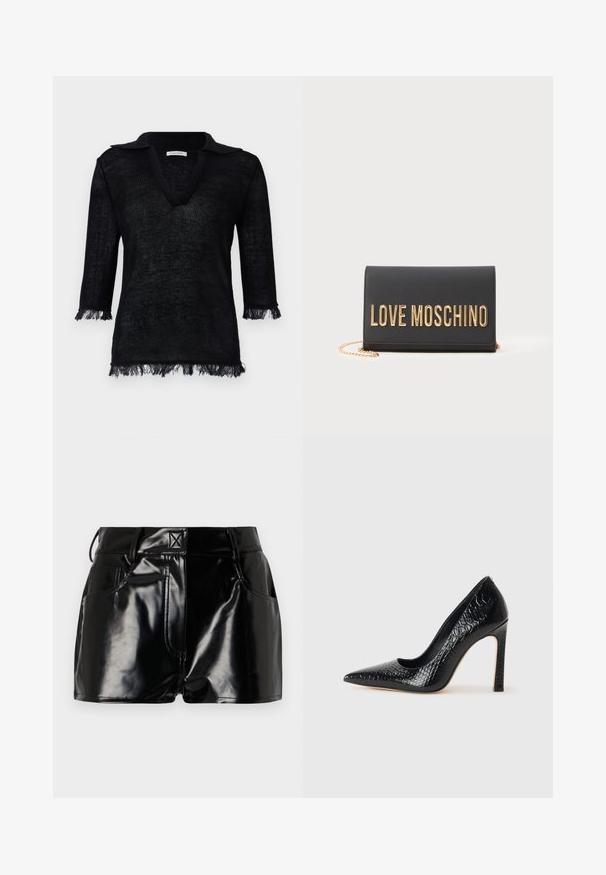 Brun sammetsblazer med dubbelknäppning, guldfärgad hårdvara på knapparna, slagkrage och två framfickor. Slät textur och strukturerad design.; Svart stickad tröja med V-hals och krage. Har trekvartsärmar med fransdetaljer vid ärmsluten och nederkanten. Texturerat material.; Svart, glänsande shorts i syntetmaterial. Har en åtsittande midja, bältesöggor och framfickor med framträdande sömnadsdetaljer.; Svart spetsig högklackad sko med krokodilskinnsstruktur, som har en elegant design, hög stilettklack och en slät svart innersula.; Svart läderclutch med en gyllene "LOVE MOSCHINO"-logotyp, vikbar design och guldkedjespänne. Slät textur och minimalistisk stil.