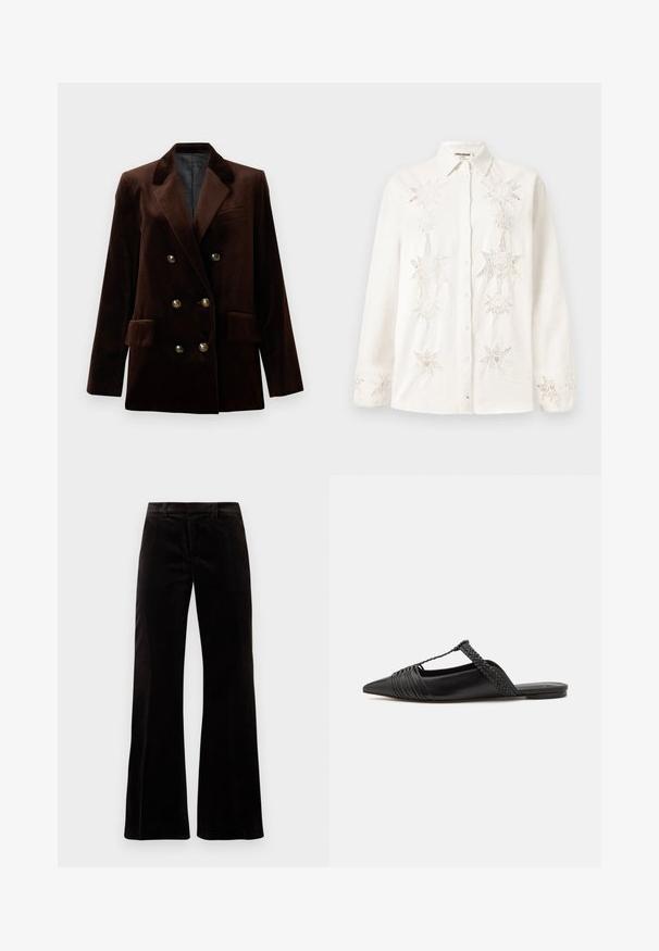 Brauner Samt Doppelreiher-Blazer mit goldenen Knopfdetails, abgesetztem Revers und zwei Fronttaschen. Glatte Textur und strukturiertes Design.; Weißes Hemd mit Knöpfen aus Leinen, das auf der Vorderseite und an den Bündchen mit filigranen sternförmigen Stickereien verziert ist und über ein klassisches Kragen-Design verfügt.; Schwarze Corduroy Schlaghosen mit strukturiertem Bund, glatter Textur und weitem Beinansatz, die eine entspannte Silhouette schaffen.; Schwarzer Leder-Slingback-Schuh mit spitzem Zehenbereich, ausgestattet mit einem geflochtenen Akzent und einem gefalteten Oberdesign. Flache Sohle mit minimalem Zubehör.