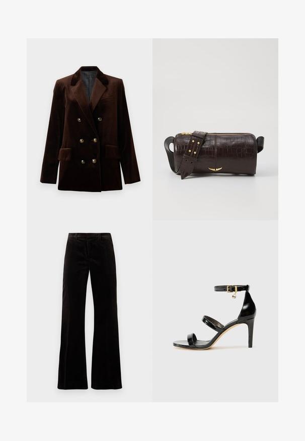 Brown velvet double-breasted blazer with gold hardware buttons, notched lapels, and two front pockets. Smooth texture and structured design.; White button-up shirt made of linen, featuring intricate star-shaped embroidery on the front and cuffs, with a classic collar design.; Black corduroy flared trousers featuring a structured waistband, smooth texture, and wide leg openings, creating a relaxed silhouette.; Black patent leather sandal with three straps, ankle buckle, and 4-inch stiletto heel. Features gold hardware detail and logo charm.; Brown crocodile-embossed leather bag with a cylindrical shape, gold-tone hardware, and a detachable strap featuring studs.