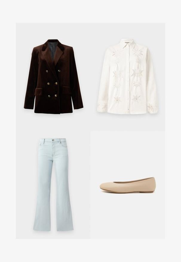 Brun fløjls dobbeltradet blazer med guld hardwareknapper, spidse revers og to forlommer. Glat tekstur og struktureret design.; Hvid skjorte med knapper lavet af linned, der har intrikate stjerneformede broderier på fronten og ved ærmerne, med en klassisk krave.; Lyseblå flared jeans lavet af denim. Har et klassisk fem-lomme design og en frontknaplukning. Glat tekstur hele vejen igennem.; Beige læder balletflade med afrundet tå, minimal sømdetaljering, lav hæl og subtilt logo på bagsiden. Glat, mat tekstur.