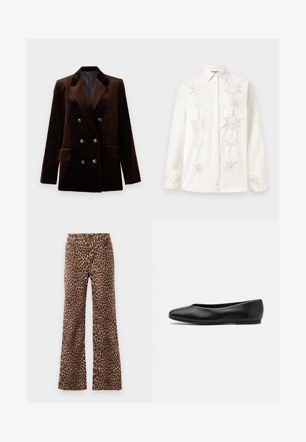 Brun fløjls dobbeltradet blazer med guld hardwareknapper, spidse revers og to forlommer. Glat tekstur og struktureret design.; Hvid skjorte med knapper lavet af linned, der har intrikate stjerneformede broderier på fronten og ved ærmerne, med en klassisk krave.; Bredde bukser med leopardprint i beige og sort, der har en glat tekstur og tapered kant. Designet med standard talje og lommer.; Paul Smith TOPANGA - Ballerinasko - black