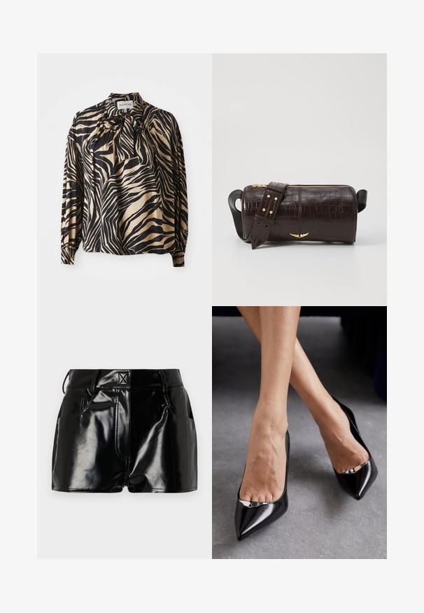 Blazer doppio petto in velluto marrone con bottoni in metallo dorato, rever a lancia e due tasche frontali. Texture liscia e design strutturato.; Camicia a maniche lunghe in tessuto liscia con un audace motivo a strisce zebra nere e oro, con dettaglio di papillon sul collo.; Shorts neri e lucidi realizzati in materiale sintetico. Presentano una vita aderente, passanti per la cintura e tasche frontali con evidenti dettagli di cucitura.; Scarpe nere in pelle con tacco alto, punta affilata e design aperto, caratterizzate da un accento decorativo in argento. Texture liscia con finitura lucida.; Borsa in pelle stampata a coccodrillo marrone con forma cilindrica, accessori in tonalità oro e una tracolla staccabile con borchie.