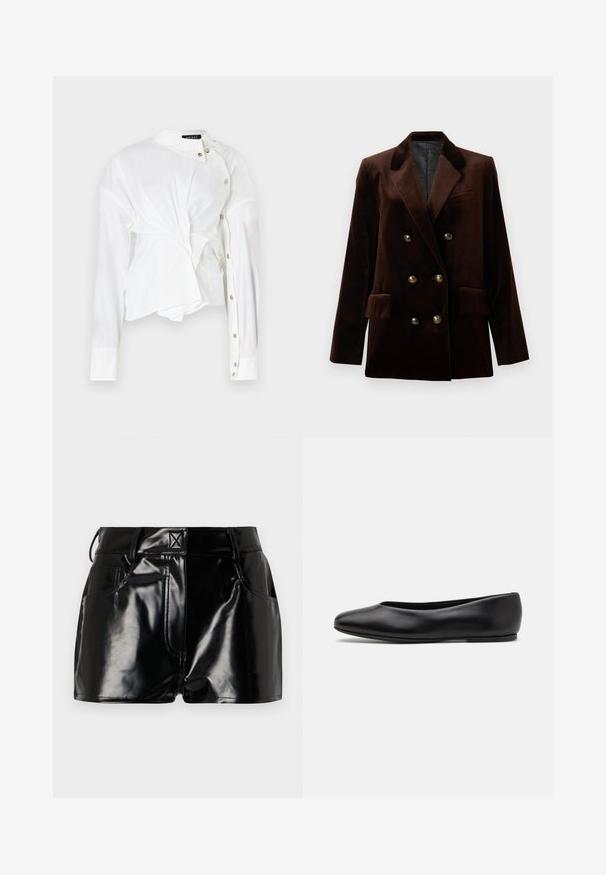 Brauner Samt Doppelreiher-Blazer mit goldenen Knopfdetails, abgesetztem Revers und zwei Fronttaschen. Glatte Textur und strukturiertes Design.; Weißes Baumwollhemd mit Knopfverschluss. Verfügt über ein ausgefallenes verdrehtes Design, lange Ärmel und einen Kragen mit silbernen Knöpfen an der Vorderseite.; Graues, geripptes Tanktop mit figurschmeichelndem Design, weiten Armausschnitten und runder Ausschnittlinie. Aus weichem Baumwollstoff mit glatter Textur gefertigt.; Schwarze, glänzende Shorts aus synthetischem Material. Mit einem taillierten Bund, Gürtelschlaufen und vorderen Taschen mit auffälligen Nähdetails.; Paul Smith TOPANGA - Klassischer Ballerina - black