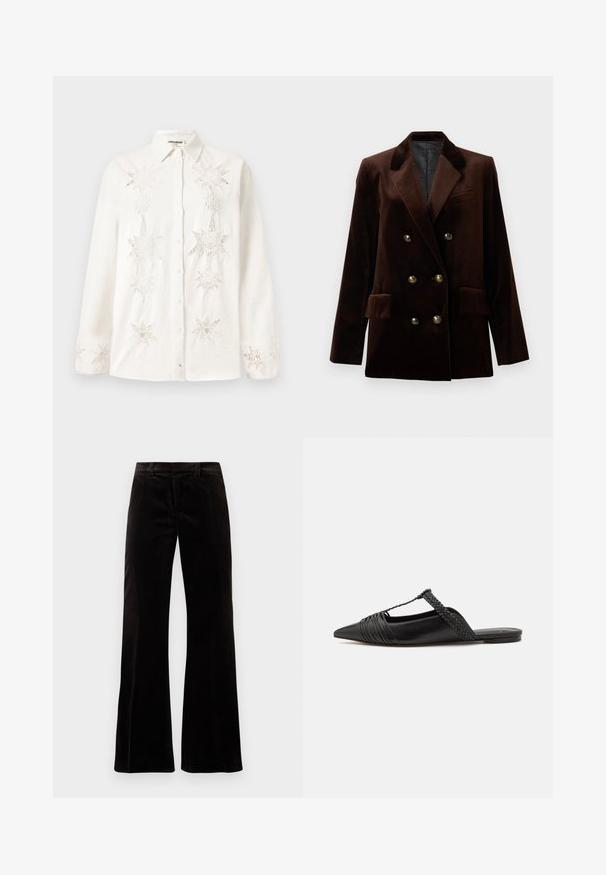 Hnedý zamatový dvojradový blejzer so zlatými gombíkmi, klopovým golierom a dvoma prednými vreckami. Hladká textúra a štruktúrovaný dizajn.; Biela košeľa na gombíky z ľanu, s precíznou výšivkou v tvare hviezdy na prednej časti a manžetách, s klasickým dizajnom goliera.; Čierne kordové nohavice so širokými nohavicami, ktoré majú struktúrovaný pás, hladký povrch a široké otvory na nohavice, vytvárajúc uvoľnený siluet.; Čierne kožené sandále so špičatou špičkou, ktoré majú tkaný detail a zborený dizajn vrchnej časti. Plochá podrážka s minimálnym hardvérom.