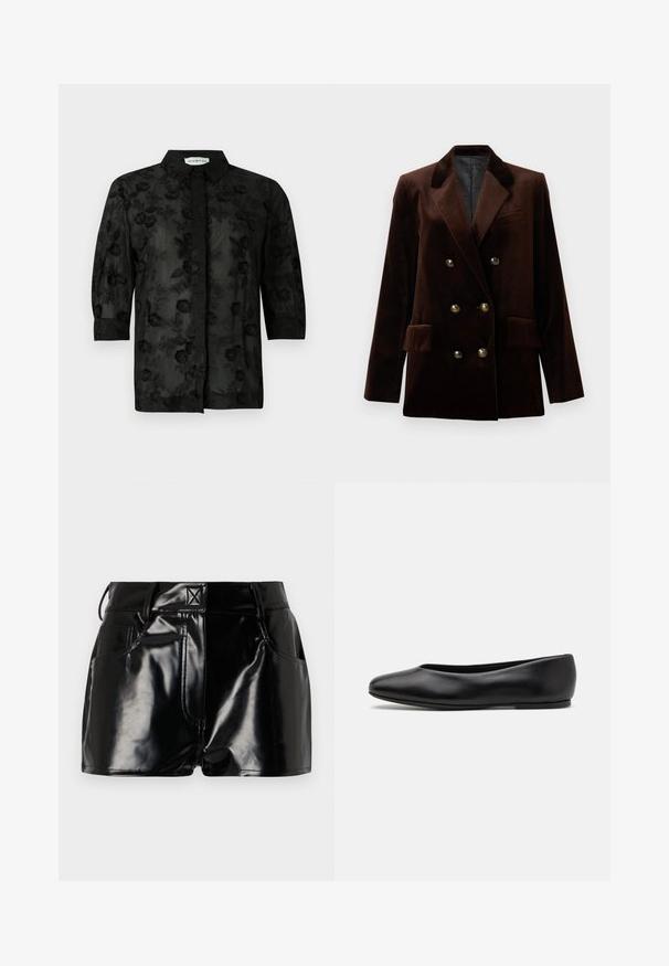 Blazer doppio petto in velluto marrone con bottoni in metallo dorato, rever a lancia e due tasche frontali. Texture liscia e design strutturato.; Camicia nera con ricami floreali, maniche lunghe e colletto. Tessuto trasparente con una finitura testurizzata e dettagli intricati.; Shorts neri e lucidi realizzati in materiale sintetico. Presentano una vita aderente, passanti per la cintura e tasche frontali con evidenti dettagli di cucitura.; Paul Smith TOPANGA - Ballerine - black