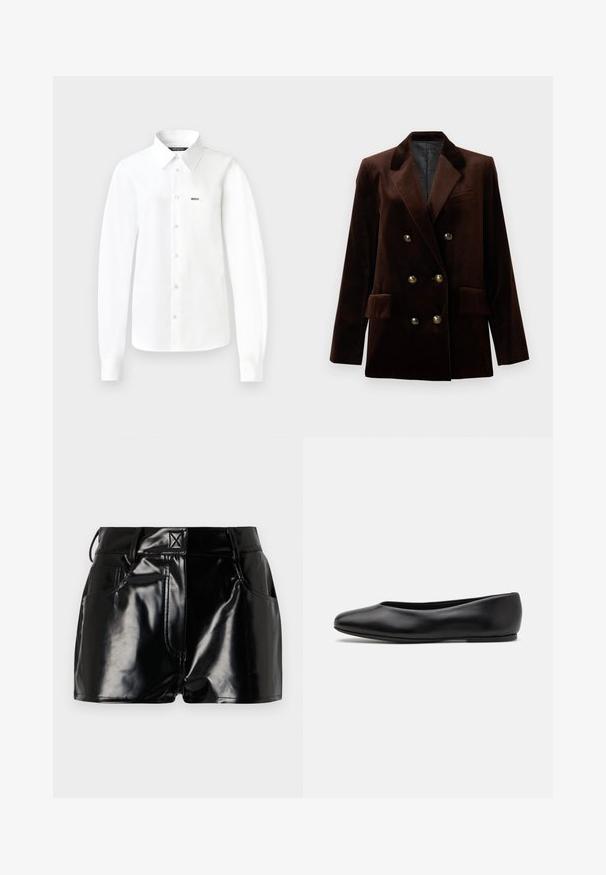 Brauner Samt Doppelreiher-Blazer mit goldenen Knopfdetails, abgesetztem Revers und zwei Fronttaschen. Glatte Textur und strukturiertes Design.; Weißes Langarm-Hemd mit Knöpfen aus glattem Stoff, ausgestattet mit einem spitzen Kragen, einer Brusttasche und Knöpfen auf der Vorderseite.; Graues, geripptes Tanktop mit figurschmeichelndem Design, weiten Armausschnitten und runder Ausschnittlinie. Aus weichem Baumwollstoff mit glatter Textur gefertigt.; Schwarze, glänzende Shorts aus synthetischem Material. Mit einem taillierten Bund, Gürtelschlaufen und vorderen Taschen mit auffälligen Nähdetails.; Paul Smith TOPANGA - Klassischer Ballerina - black