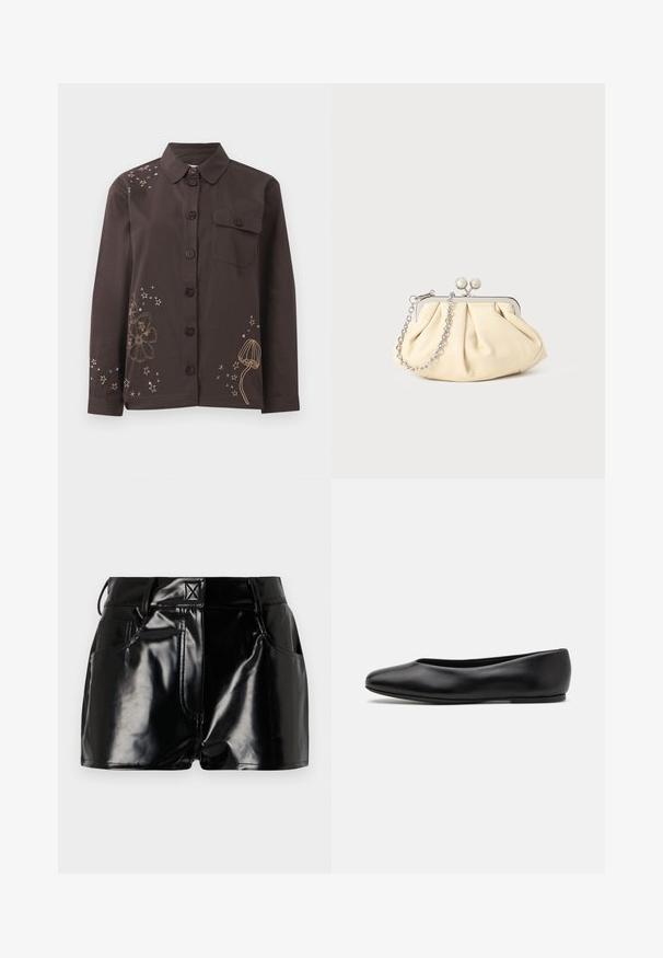 Blazer de terciopelo marrón de doble pecho con botones de hardware dorados, solapas de muesca y dos bolsillos frontales. Textura suave y diseño estructurado.; Camisa marrón de botones con cuello, que presenta bordados de flores y estrellas en dorado y azul, y un bolsillo en el pecho izquierdo. Material de algodón.; Camiseta de tirantes gris acanalada con un diseño ajustado, sisas anchas y un escote redondeado. Fabricada en suave algodón con una textura lisa.; Shorts negros y brillantes de material sintético. Presentan una cintura ajustada, trabillas para el cinturón y bolsillos frontales con detalles de costura prominentes.; Paul Smith TOPANGA - Bailarinas - black; Clutch de cuero beige plisado con un marco de metal plateado, que cuenta con dos broches decorativos redondos y una correa de cadena plateada.