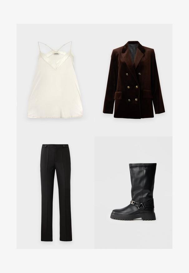 Pruun sametist kahe rindaustega bleiser kullast riistadega nööpide, peenikeste kraede ja kahe eesmine taskuga. Sile tekstuur ja struktureeritud disain.; Hele kreemjas kampsun, millel on reguleeritavad õhukesed rihmad, V-kujuline kaelus ning pitsaktsentidega kaeluse ja serva juures, et lisada detaili.; Mustad kohandatud püksid sirge säärega, kahe esipocketiga, nup closure'iga ja volditud detailidega ees. Sile kangatekstuur.; Mustad kuni põlvedeni saapad, mis on valmistatud siledast nahast, külgedel on pealmise aktsendina pandla ning paksem, tekstuuriga talla osa, mis tagab haarde.