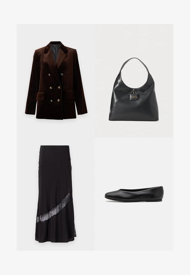 Brauner Samt Doppelreiher-Blazer mit goldenen Knopfdetails, abgesetztem Revers und zwei Fronttaschen. Glatte Textur und strukturiertes Design.; Graues, geripptes Tanktop mit figurschmeichelndem Design, weiten Armausschnitten und runder Ausschnittlinie. Aus weichem Baumwollstoff mit glatter Textur gefertigt.; Schwarzer Rock aus glattem Stoff, mit einem Spitzen-Einsatz diagonal am Saum. Ausgestellte Form mit einem subtilen Glanz.; Paul Smith TOPANGA - Klassischer Ballerina - black; Schwarze Leder-Hobo-Tasche mit einem einzelnen, abgerundeten Schultergurt, die an der Vorderseite ein goldfarbenes Markenplakette aufweist. Glatte Textur, minimalistisches Design.