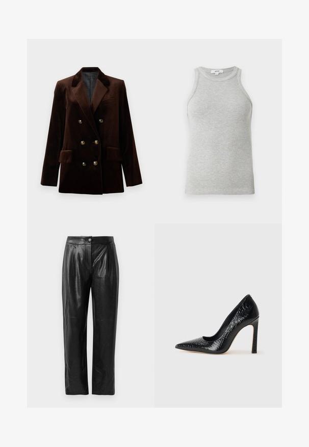 Blazer double boutonnage en velours marron avec des boutons en métal doré, des revers crantés et deux poches avant. Texture lisse et design structuré.; Débardeur gris à côtes avec un design ajusté, des emmanchures larges et une encolure arrondie. Fabriqué en coton doux avec une texture lisse.; Pantalons en cuir synthétique noir avec une surface texturée, coupe large, plis avant et une fermeture à un bouton à la taille.; Escarpin noir à bout pointu avec texture en cuir de crocodile, présentant un design élégant, un haut talon aiguille et un intérieur noir lisse.