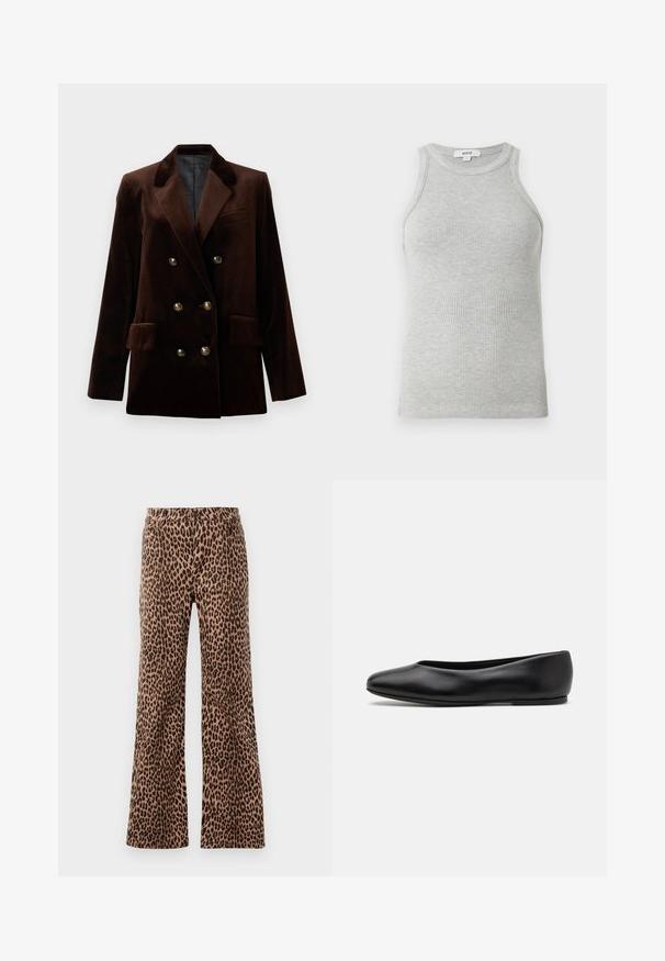 Blazer doppio petto in velluto marrone con bottoni in metallo dorato, rever a lancia e due tasche frontali. Texture liscia e design strutturato.; Canottiera grigia a coste con design aderente, ampie aperture per le braccia e scollatura arrotondata. Realizzata in morbido tessuto di cotone con una texture liscia.; Pantaloni a gamba larga con stampa leopardata in beige e nero, caratterizzati da una texture liscia e un orlo sfiancato. Design con vita standard e tasche.; Paul Smith TOPANGA - Ballerine - black
