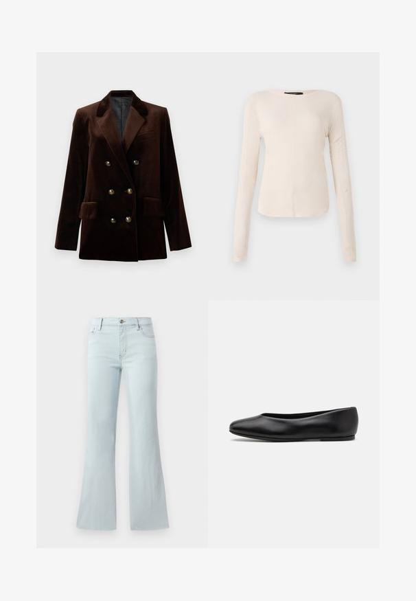 Brauner Samt Doppelreiher-Blazer mit goldenen Knopfdetails, abgesetztem Revers und zwei Fronttaschen. Glatte Textur und strukturiertes Design.; Langärmliges, hellbeiges Oberteil mit rundem Ausschnitt. Aus weichem Stoff gefertigt, verfügt es über eine zentrale Naht und einen leicht geschwungenen Saum. Keine sichtbaren Beschläge.; Helle blaue, ausgestellte Jeans aus Denim. Verfügt über ein klassisches Fünf-Taschen-Design und einen Frontknopfverschluss. Glatte Textur über das gesamte Material.; Paul Smith TOPANGA - Klassischer Ballerina - black