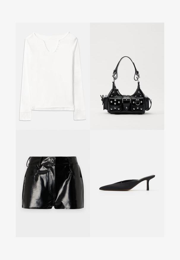 Brown velvet double-breasted blazer with gold hardware buttons, notched lapels, and two front pockets. Smooth texture and structured design.; White long-sleeve top with a V-neckline, featuring five small buttons down the front, made from lightweight fabric with a smooth texture.; Black, glossy shorts made of synthetic material. Features a fitted waist, belt loops, and front pockets with prominent stitching details.; Black pointed-toe mule with a sleek design, made of smooth fabric, featuring a slender heel and open back for easy wear.; Black leather handbag with a curved design, featuring silver studs, a buckle, and two side pockets. Adjustable strap for carrying options.