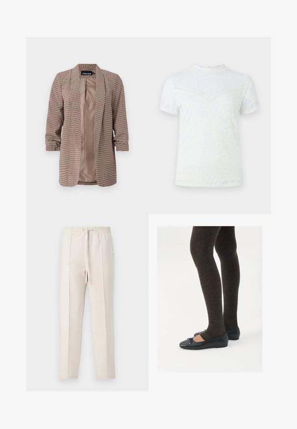 Blazer à carreaux dans des tons de marron avec une doublure intérieure claire, manches longues retroussées aux poignets et coupe cintrée.; Top court à manches courtes blanc avec un superposé en dentelle florale, un col montant et une fermeture à boutons au dos avec des accents de couture texturée.; Pantalons de jogging beiges avec une taille élastique et un cordon de serrage, présentant une texture lisse et deux plis à l'avant pour une apparence soignée.; Chaussures plates noires avec un petit nœud au niveau des orteils, associées à des collants côtelés marron foncé. Les chaussures ont une texture lisse et un profil bas.