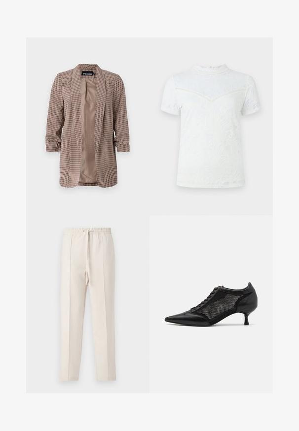 Kariertes Blazer in Brauntönen mit leichtem Innenfutter, langen Ärmeln, die an den Manschetten aufgerollt sind, und einer taillierten Passform.; Weißes Kurzarmoberteil mit floralem Spitzenoversize, Stehkragen und einem Knopfverschluss auf der Rückseite sowie strukturierten Nähten.; Beige Jogginghose mit elastischem Bund und Kordelzug, die eine glatte Textur und zwei vordere Falten für ein maßgeschneidertes Aussehen aufweist.; Schwarzer spitzer Schuh mit einem Mesh-Panel-Design, ausgestattet mit einem niedrigen Absatz und einer Schnürung vorne. Hergestellt aus einer Kombination von Leder und Mesh-Material.