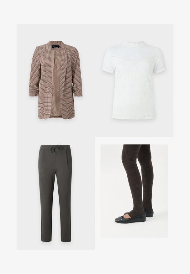 Pruunides toonides ruuduline ülikondjakk kerge sisetootega, pika varruka ja käistega, ning kohandatud lõikega.; Valge lühikeste varrukatega top, millel on lilleline pitskate, kõrge kaelus ja seljal nööbiga sulgemine koos tekstuuriga tikandite detailidega.; Tumedat hallid püksid, millel on nööriga vöökoht, kitsenev jala disain ja volditud eesosa. Valmistatud pehmest kangast, millel on sujuv tekstuur.; Mustad mustad kingad väikese teksaga varvaste juures, koos tumedate pruunide ribakangastega. Kingadel on sile tekstuur ja madal profiil.