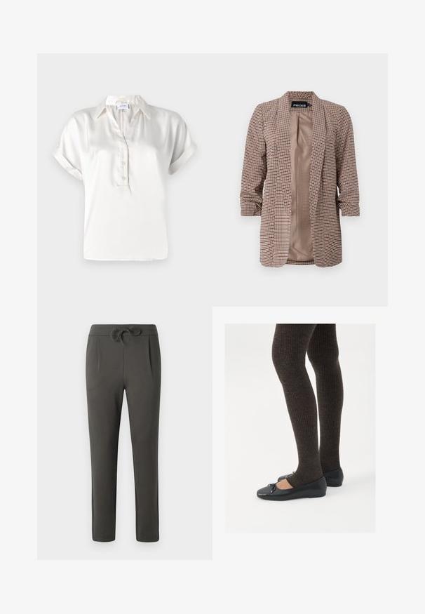 Plaid blazer in brown tones with a light inner lining, long sleeves rolled at the cuffs, and a tailored cut.; White satin short-sleeve polo shirt with a buttoned placket, standard collar, and rolled cuffs, featuring a smooth texture and clean lines.; Dark gray pants with a drawstring waistband, tapered leg design, and pleated front. Made from a soft fabric with a smooth texture.; Black flat shoes with a small bow detail at the toe, paired with dark brown ribbed tights. Shoes have a smooth texture and low profile.