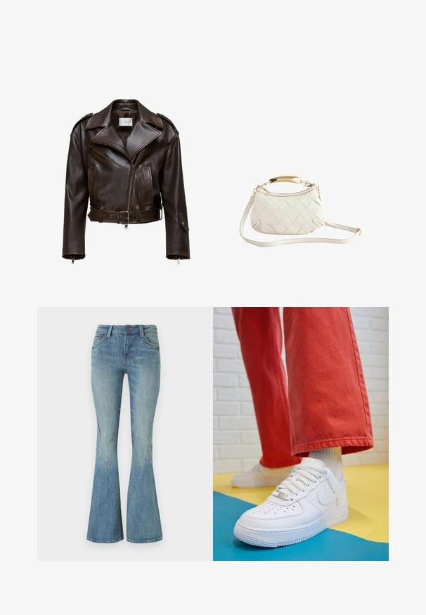 Braune Leder-Cropped-Jacke mit breitem Kragen, Reißverschluss vorne, mehreren Taschen und verstellbarem Gürtel. Verfügt über metallische Beschläge und eine glatte Textur.; Leopardenmuster-Hemd aus Seidenmischgewebe; lange Ärmel, durchgehende Knopfleiste, klassischer Kragen, mit schwarzen und beigen Farbtönen, dezenter Glanz.; Helleblaue ausgestellte Jeans aus Denim. Verfügt über einen vorderen Knopfverschluss, fünf Taschen und dezente Ausbleichungen für die Textur.; Weiße Leder-Sneaker mit perforiertem Zehenbereich, strukturiertem Sohlen und weißen Schnürsenkeln, kombiniert mit weiten roten Hosen und einem blauen und gelben Hintergrund.; Weißer geflochtener Lederhandtasche mit einem goldfarbenen Griff, abnehmbarem Schulterriemen und abgerundetem Boden. Verfügt über einen Reißverschlussverschluss oben.