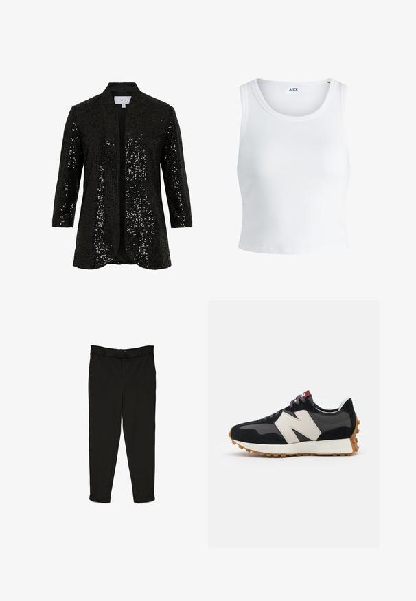 Crna jakna s crnim šljokicama, okovratnikom u stilu šala, otvorena sprijeda i dugih rukava. Ima teksturiranu tkaninu i glatku podstavu.; Bijela rebrasta majica bez rukava s okruglim izrezom i skraćenom dužinom. Na etiketi piše "JJXX." Glatka tekstura tkanine.; Crne hlače od tkanog materijala, s ravnim krojem, ravnim prednjim dijelom i manžetama na gležnjevima za elegantan izgled.; Crne i sive suede tenisice s velikim kremastim logom "N", ljubičastim pertlama i teksturiranim gumiranim potplatom.