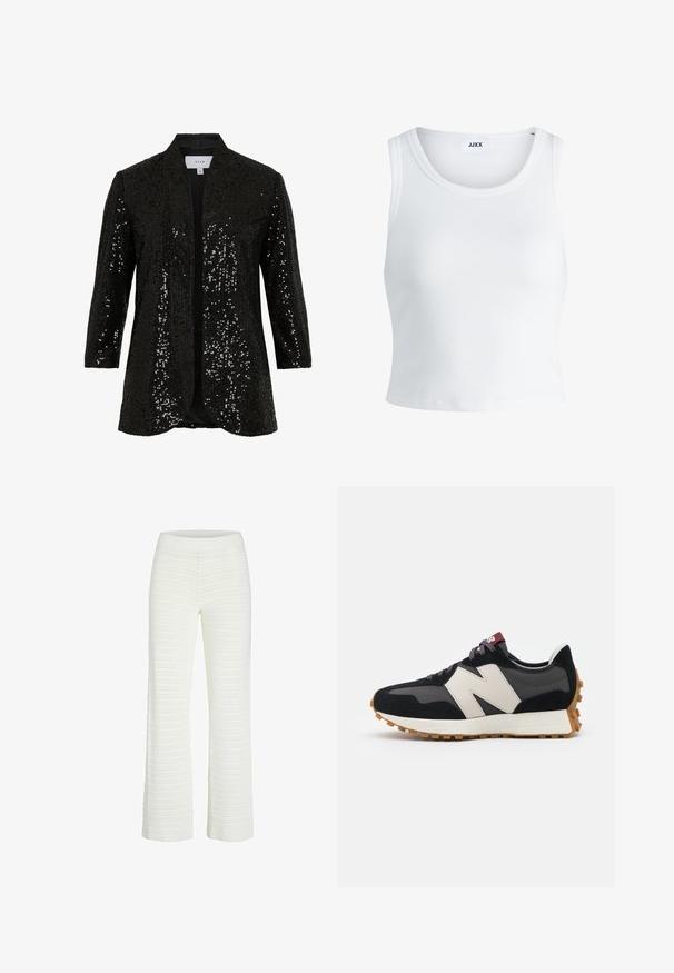 Schwarze paillettenbesetzte Jacke mit Schalkragen, offenem Vorderteil und langen Ärmeln. Verfügt über einen strukturierten Stoff und ein glattes Futter.; Weißes, geripptes Tanktop mit rundem Halsausschnitt, ärmellosem Design und kurzer Länge. Das Etikett trägt die Aufschrift "JJXX". Glatte Stoffstruktur.; Weiße, gerippte Strickhosen mit weitem Bein und einem elastischen Bund, die horizontale Streifen für Textur und Detail aufweisen.; Schwarze und graue Wildledersneaker mit einem großen cremefarbenen "N"-Logo, lila Schnürsenkeln und einer strukturierten Gummisohle.