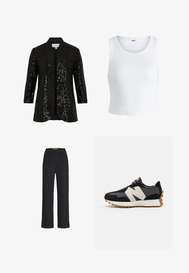 Giacca nera con paillettes, collo sciallato, fronte aperto e maniche lunghe. Presenta un tessuto strutturato e una fodera liscia.; Canottiera bianca a coste con scollatura rotonda, senza maniche e lunghezza cropped. Etichetta con la scritta "JJXX". Tessuto di texture liscia.; Pantaloni neri a gamba larga con vita elastica, realizzati in un tessuto morbido, caratterizzati da una superficie liscia e una vestibilità ampia su tutta la lunghezza delle gambe.; Sneaker in suede nero e grigio con un grande logo "N" color crema, lacci viola e una suola esterna in gomma gommosa texturizzata.