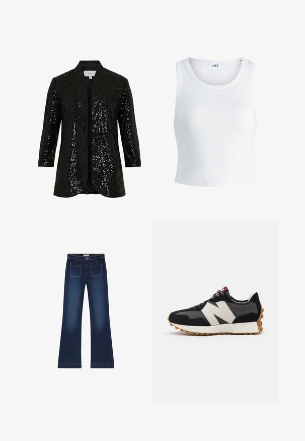 Svart paljettjacka med sjalkrage, öppen front och långa ärmar. Har ett texturerat tyg och ett mjukt foder.; Vit ribbade linne med rund halsringning, ärmlös design och kort längd. Märket säger "JJXX." Slät tygkvalitet.; Mörkblå utställda jeans gjorda av denim. Har fem fickor, dragkedja och guldtråddekorationer på sömmarna. Bred benöppning.; Svart och grå mocka sneaker med en stor krämfärgad "N"-logotyp, lila snören och en texturerad gummisula.