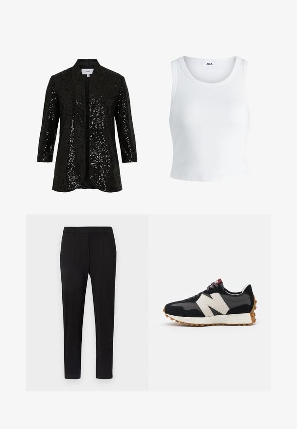 Czarna kurtka wyszywana cekinami z kołnierzem szalowym, otwartym przodem i długimi rękawami. Wykonana z fakturowanej tkaniny z gładką podszewką.; Biały prążkowany top na ramiączkach z okrągłym dekoltem, bez rękawów i skróconej długości. Metka z napisem "JJXX." Gładka faktura materiału.; Czarne spodnie z gładkiego materiału o slim fit. Posiadają boczne kieszenie, płaski przód i zwężany krój nogawek. Brak widocznych wzorów.; Czarno-szare zamszowe sneakersy z dużym kremowym logo "N", purpurowymi sznurówkami i teksturowaną gumową podeszwą.