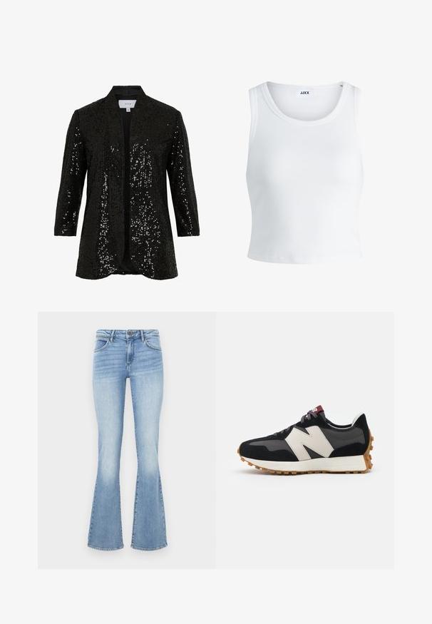 Schwarze paillettenbesetzte Jacke mit Schalkragen, offenem Vorderteil und langen Ärmeln. Verfügt über einen strukturierten Stoff und ein glattes Futter.; Weißes, geripptes Tanktop mit rundem Halsausschnitt, ärmellosem Design und kurzer Länge. Das Etikett trägt die Aufschrift "JJXX". Glatte Stoffstruktur.; Hellblaue ausgestellte Jeans aus Denim. Verfügt über ein traditionelles Fünf-Taschen-Design und einen Reißverschluss mit Knopfverschluss. Ausgewaschene Optik an den Oberschenkeln.; Schwarze und graue Wildledersneaker mit einem großen cremefarbenen "N"-Logo, lila Schnürsenkeln und einer strukturierten Gummisohle.