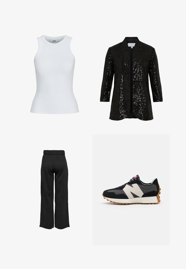 Svart paljettjacka med sjalkrage, öppen front och långa ärmar. Har ett texturerat tyg och ett mjukt foder.; Vit ribbad linne med rundad halsringning och ärmlös design. Har en slim fit och mjuk textur, lämplig för lager på lager.; Svarta, vida byxor med elastisk midja, tillverkade av en mjuk tyg. Har en ren design utan fickor eller synliga sömdetaljer.; Svart och grå mocka sneaker med en stor krämfärgad "N"-logotyp, lila snören och en texturerad gummisula.