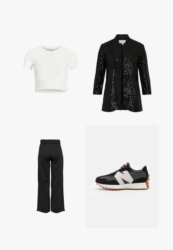 Mustast litritega kaunistatud jakk šaali kraega, avatud esiosaga ja pikkade varrukatega. Omab tekstuurse kangaga ja siledat voodrit.; Valge, lühikeste varrukatega ribatud kangast t-särk. Ümar kaelus ja lühikesed varrukad. Sile tekstuur ja hästi istuv lõige.; Mustad, laiad püksid elastse vöökohtaga, valmistatud siledast kangast. Omab lihtsat disaini, ilma taskute või nähtavate õmbluste detailideta.; Mustmust ja halli nubukist tennisajal on suur kreemjas "N" logo, lilla paelad ja tekstureeritud kummist välispohja.