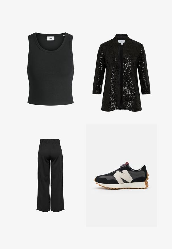 Jachetă neagră cu paiete, cu guler tip șal, deschisă în față și mâneci lungi. Dispune de un material texturat și o căptușeală netedă.; Top de tip tank cu nervuri negre, cu decolteu rotund și fără mâneci; confecționat dintr-un material moale și elastic pentru confort și potrivire.; Pantaloni negri, cu croi larg și talie elastică, realizați dintr-un material neted. Au un design simplu, fără buzunare sau detalii de cusătură vizibile.; Adidași din suede negru și gri cu un mare logo "N" de culoare crem, sireturi purpurii și o talpă din cauciuc texturat de culoare gumă.