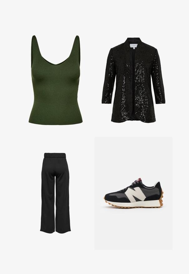 Musta paljetein koristeltu bleiseri, jossa on huivikäännekaulus, avonainen etuosa ja pitkät hihat. Ominaisuuksina teksturoitu kangas ja sileä vuori.; V-aukko ja leveillä hihnoilla varustettu ribbikuvioitu vihreä toppi. Teksturoitu materiaali tarjoaa muotoilun, joka on tiukka ja saumaton.; Mustat, leveälahkeiset housut, joissa on joustava vyötärö, valmistettu sileästä kankaasta. Ominaisuuksia ovat puhdas muotoilu ilman taskuja tai näkyviä ompelusaumoja.; Mustat ja harmaat mokkakenkä, jossa on suuri kermanvärinen "N"-logo, violetit nauhat ja teksturoitu kumipohja.