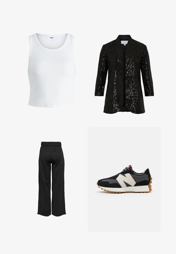 Black sequined jacket with a shawl collar, open front, and long sleeves. Features a textured fabric and a smooth lining.; White ribbed tank top featuring a round neckline, sleeveless design, and a cropped length. Label reads "JJXX." Smooth fabric texture.; Black, wide-leg pants with an elastic waistband, made from smooth fabric. Features a clean design with no pockets or visible stitching details.; Black and gray suede sneaker with a large cream-colored "N" logo, purple laces, and a textured gum rubber outsole.