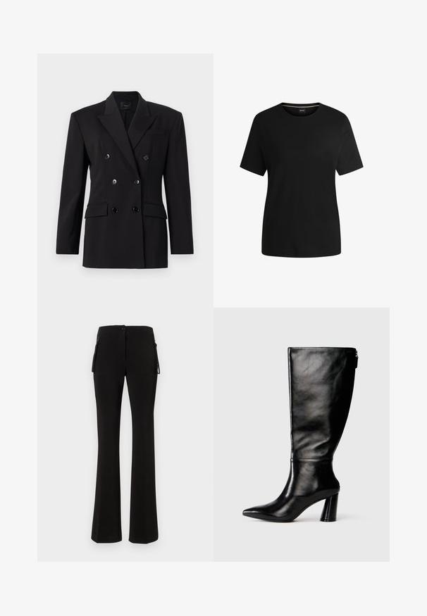 Melnas dubultās krūšu žaketes ar iegriezumu, divām priekšējām kabatām un četriem melniem pogām, kas izgatavota no gludas, teksturētas auduma.; Melnas īsām piedurknēm T-krekls, izgatavots no mīksta kokvilnas, ar apaļu kaklu un gludu virsmu. Vienkāršs dizains bez rakstiem vai akcentiem.; Melni izsistie bikses, izgatavotas no gludas, elastīgas materiāla. Iezīmes priekšējā pogu aizdare un sānu kabatas ar rāvējslēdzējiem papildu ērtībai.; Ceļgala augstumā melnas ādas zābaki ar saplacinātu purngalu, gludu tekstūru un masīlu papēdi. Aizmugurē ir rāvējslēdzēja detalizācija.