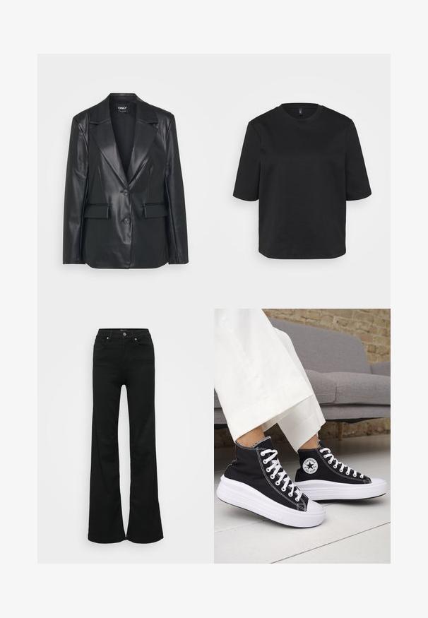 Črn usnjeni blazer s strukturno zasnovo, širokimi reverji, dvema gumboma in sprednjimi žepi. Gladka tekstura in krojen fit.; Črno majico s kratkimi rokavi iz bombaža z okrožnim ovratnikom, ki ima sproščen kroj. Gladka tekstura brez vidnih vzorcev ali akcentov.; Črne razširjene kavbojke iz denima, z visokim pasom, petimi žepi in kovinskim gumbom za zapiranje. Gladka tekstura z minimalnimi detajli.; Črni visoki supergi z belimi gumijastimi podplati in vezalkami. Na njih je okrogel logotip in kontrastno belo šivanje. Iz blaga platna.