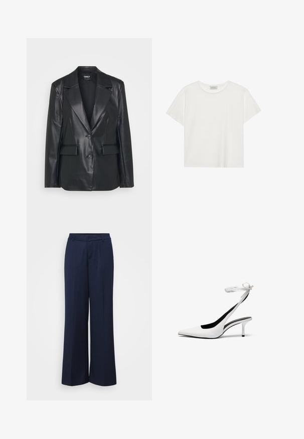 Črn usnjeni blazer s strukturno zasnovo, širokimi reverji, dvema gumboma in sprednjimi žepi. Gladka tekstura in krojen fit.; Bela kratkotrajna majica s kratkimi rokavi, narejena iz mehke bombažne tkanine. Ima okroglo ovratnico in sproščen kroj. Čist dizajn brez vidnih vzorcev ali akcentov.; Mornarske široke hlače iz gladkega materiala. Imajo ravno sprednjo stran s plissami in klasični pas za formalni videz.; Bele stiletto sandale z odprtim nosom in tankim zapenjanjem okoli gležnja. Gladek usnjen material, tanki stiletto pete in črna notranja podloga.