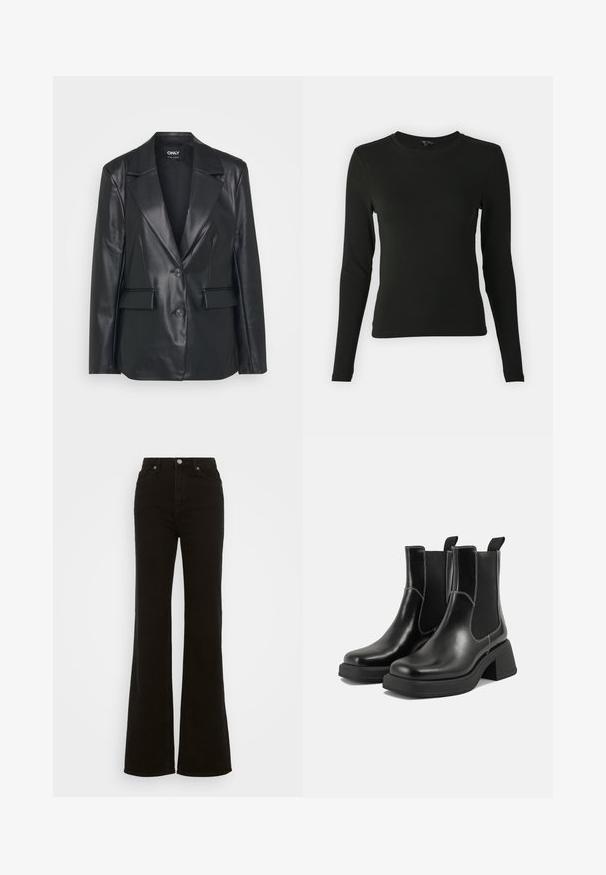 Blazer de couro preto com um design estruturado, lapelas largas, dois botões e bolsos frontais. Textura suave e corte ajustado.; Camisa preta de mangas longas feita de um tecido suave, com decote redondo e forma ajustada, sem padrões ou detalhes visíveis.; Calças jeans pretas de cintura alta e boca de sino, feitas de denim, com fecho de botão, bolsos laterais e uma textura suave.; Botas Chelsea em couro preto com um salto grosso, painéis laterais elásticos e costura branca em contraste. Acabamento texturizado.