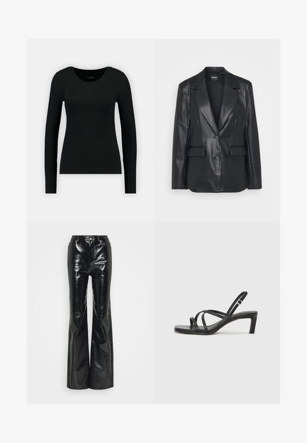 Černý kožený blazer se strukturovaným designem, širokými klopami, dvěma knoflíky a předními kapsami. Hladká textura a přiléhavý střih.; Černé dlouhé rukávy tričko vyrobené z žebrované tkaniny. Má kulatý výstřih a přiléhavý střih. Jednoduchý design bez vzorů nebo akcentů.; Černé kalhoty z umělé kůže se širokými nohavicemi a lesklým povrchem, s vysokým pasem, předními kapsami a stříbrnými kovovými detaily.; Černé sandály na tenkém podpatku se čtveratou špičkou a nízkým blokovým podpatkem. Mají několik tenkých popruhů a nastavitelné zapínání okolo kotníku. Vyrobeny z hladké kůže.