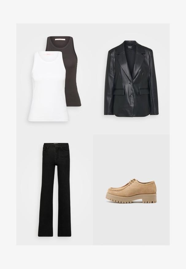 Fekete bőr blézer strukturált kialakítással, széles hajtókákkal, két gombbal és elülső zsebekkel. Sima textúra és testre szabott illeszkedés.; Két ujjatlan top, fehér és sötétszürke színben, bordás textúrájú, kerek nyakkivágással. A címkék a belső nyakkivágáson találhatók.; Fekete, trapéz fazonú farmernadrág. A dizájn két elülső zsebet és cipzáros záródást tartalmaz, sima, egyenletes textúrával és letisztult vonalakkal.; Beige velúr cipő kerek orral, fűzős dizájnnal és vastag, textúrált gumi talppal, mély barázdákkal a tapadás érdekében.