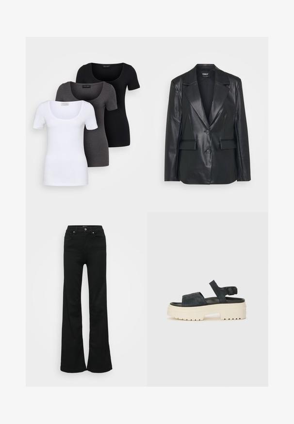 Juodas odinis švarkas su struktūrizuotu dizainu, plačiais atlapais, dviem mygtukais ir priekinėmis kišenėmis. Lygus tekstūra ir pritaikytas siluetas.; Trys priderinti marškiniai: balti, pilki ir juodi. Kiekvienas turi plačią apvalią iškirptę ir trumpas rankoves. Pagaminti iš lygaus, tamprių audinio.; Juodos plačios džinsinės kelnės, pagamintos iš denimo, su aukštu liemeniu, penkiomis kišenėmis ir metaliniu sagčių uždarymu. Lygi tekstūra su minimaliu dekoravimu.; Juodos zomšos platforminės sandalai su masyviu baltu padais, plačia priekinė juostele ir reguliuojamu kulkšnies užsegimu. Textūruotas padas užtikrina sukibimą.