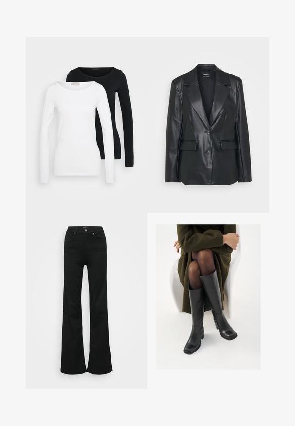Mustalääkkleibä õhukese disainiga, laia kraega, kahe nupuga ja ees olevate taskutega. Sujuv tekstuur ja täpselt sobiv lõige.; Kaks pikkt käist naiste toppi, üks valge ja teine Must, ümmarguste kaelustega, esiplaanil neutraalsel heledal taustal.; Mustad laiad teksapüksid, valmistatud denimist, kõrge vöökoht, viis taskut ja metallist nööpkinnitus. Sujuv tekstuur väheste detailidega.; Knee-high mustad nahast saapad nelinurkse varbaga ja plokilise kontsaga, esitatud mudeli kõrval, kes istub oliivirohelises mantlis. Sujuv tekstuur, minimaalne detailide arv.