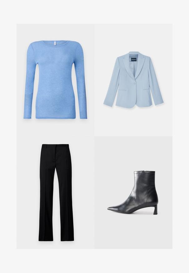 Sacou bleu deschis, realizat dintr-un material moale, având închidere cu un singur nasture, rever în formă de tăietură, două buzunare frontale și mâneci lungi.; Tricou albastru deschis cu mânecă lungă, confecționat dintr-o țesătură moale și ușoară. Dispune de un guler rotund și un design ajustat. Fără modele sau accente vizibile.; Pantaloni negri cu croi drept, dintr-un material neted, cu front plat, brâuri pentru curea și fără buzunare sau embellishments vizibile.; Cizmă de gleznă din piele neagră cu vârf ascuțit și un design elegant. Dispune de un toc mic și de o închidere cu fermoar la spate. Textură netedă.